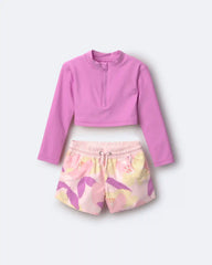 Toddler Girl Cropped Long-Sleeve Rashguard Set in Tropical Print - Purple/Rose