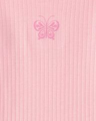 Girls Butterfly Rib Snug Fit 2-Piece Pajama Set - Pink
