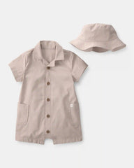 Baby Boy 2-Piece Canvas Short-Sleeve Romper Set - Khaki