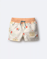 Toddler Boy Swim Trunks in Sandcastle Print - Cream
