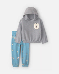 Toddler Boy 2-Piece Polar Bear Fleece Hoodie Top & Pant Set - Grey/Blue
