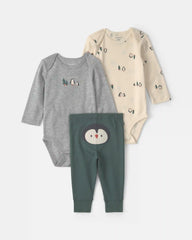Baby Boy 3-Piece Penguin Long-Sleeve Bodysuit & Pant Set - Green/Grey/Cream