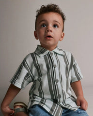 Toddler Boy Button-Down Short-Sleeve Shirt in Stripes - Light Blue/Sage