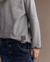 Toddler Girl Striped Ruffle Edge Long-Sleeve Top - Dark Grey/Ivory