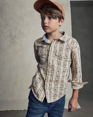 Boys Striped Canvas Button-Down Shirt - Khaki