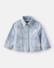 Baby Girl Flower Embroidered Denim Jacket - Light Wash