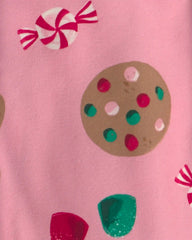 Girls 2-Piece Christmas Gingerbread Fleece Loose Fit Pajama Set - Pink