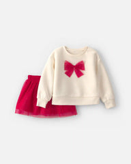Baby Girl Tulle Bow Fleece Long-Sleeve Top & Skort Set - Cream/Red