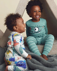 Baby Boy 4-Piece Monster 100% Cotton Snug Fit Pajama Set - Teal/Cream