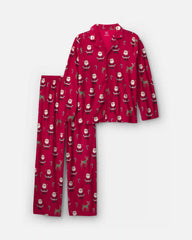 Adult 2-Piece Beige Santa Christmas Fleece Loose Fit Pajama Set - Red