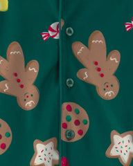 Kids 2-Piece Christmas Gingerbread Fleece Loose Fit Pajama Set - Green