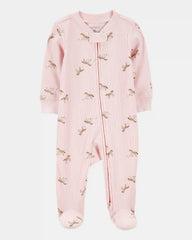 Baby Girl Horse Print 2-Way Zip Ribbed Sleep & Play Pajamas - Pink