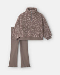 Toddler Girl 2-Piece Heart Teddy Fleece Pullover & Pant Set - Brown