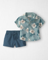 Baby Boy 2-Piece Linen Top & Short Set Made with Organic Cotton in Blue Hibiscus