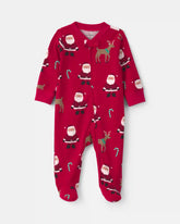 Baby Beige Santa Christmas 100% Cotton 2-Way Zip Sleep & Play Pajamas - Red