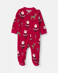 Baby Beige Santa Christmas 100% Cotton 2-Way Zip Sleep & Play Pajamas - Red