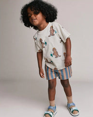 Toddler Boy Long-Line Shorts in Stripes - Slate Blue/Brown