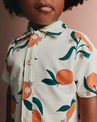 Toddler Boy Button-Down Short-Sleeve Shirt in Clementine Grove Print - Cream