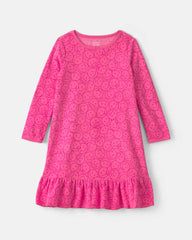 Girls Smiley Face Fleece Loose Fit Night Gown - Pink