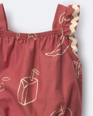 Toddler Girl Ruffle Peplum Top in Snack Print - Red