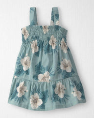 Baby Girl Smocked Linen Dress Made with Organic Cotton in Blue Hibiscus