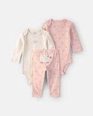 Baby Girl 3-Piece Sheep Long-Sleeve Bodysuit & Pant Set - Pink/Cream