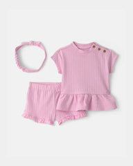 Baby Girl 3-Piece Textured Top & Short Set - Pink
