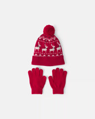 Kids 2-Piece Fair Isle Christmas Beanie & Glove Set - Red