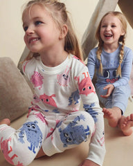Toddler Girl 4-Piece Monster 100% Cotton Snug Fit Pajama Set - Blue/Cream