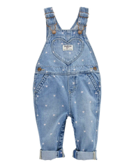 Baby Heart-Print Knit Denim Overalls - Blue