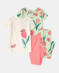 Toddler Girl Ladybug Floral 100% Cotton Snug Fit 4-Piece Pajama Set - Pink/Green