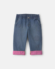 Toddler Girl Acid Wash Denim Baggy Flower Jeans - Blue/Pink