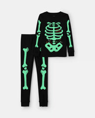 Kids 2-Piece Halloween Glow in the Dark Skeleton 100% Cotton Snug Fit Pajama Set - Black