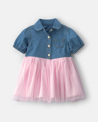 Baby Girl Chambray Tulle Short-Sleeve Dress - Light Wash