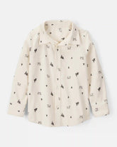 Boys Christmas Print Corduroy Long-Sleeve Button-Down Shirt - Ivory