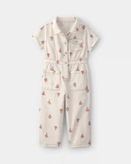 Toddler Girl Floral Short-Sleeve Twill Jumpsuit - Cream