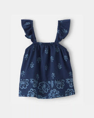 Baby Girl Floral Ruffle-Sleeve Tank Top - Navy