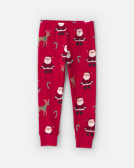 Toddler 2-Piece Beige Santa Christmas 100% Cotton Snug Fit Pajama Set - Red