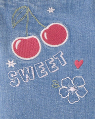 Girls Cherry Denim Embroidered Midi Shorts - Medium Wash