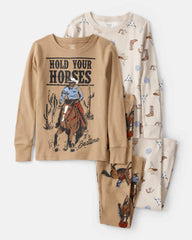 Boys Western Print 100% Cotton Long-Sleeve Snug Fit 4-Piece Pajamas - Brown