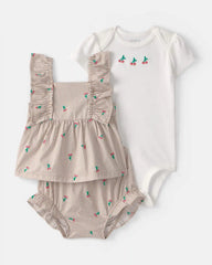 Baby Girl 3-Piece Cherry Striped Outfit Set - Beige/White