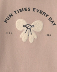 Toddler Girl 'Fun Times Every Day' Bow French Terry Pullover Sweatshirt - Tan