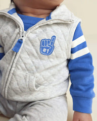 Baby Boy 3-Piece Varsity Quilted Layering Set - Grey/Blue