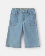 Baby Girl Floral Embroidered Wide-Leg Jeans - Light Wash
