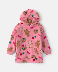 Girls Christmas Gingerbread Fleece Pyjama Hoodie - Pink