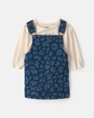 Baby Girl 2-Piece Leopard Denim Long-Sleeve Overall Set - Dark Wash