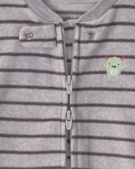 Baby Boy Monster Striped Fleece 2-Way Zip Sleep & Play Pajamas - Grey