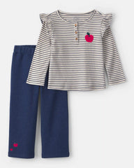 Baby Girl 2-Piece Apple Striped Fleece Long-Sleeve Top & Pant Set - Navy Blue/Cream