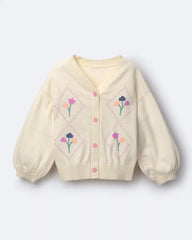 Toddler Girl Cardigan Sweater with Flowers - Cream