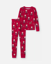 Kids 2-Piece Beige Santa Christmas 100% Cotton Snug Fit Pajama Set - Red